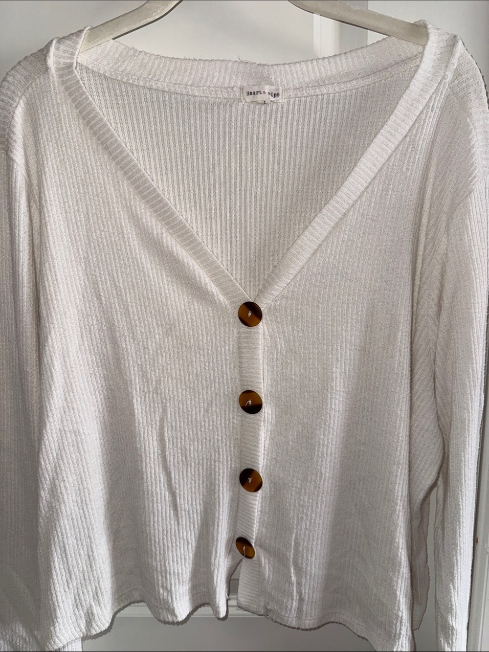 Heart & Hips Cream Ribbed V-Neck Button Top